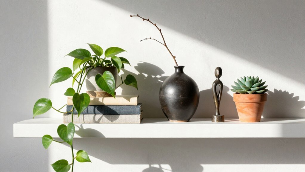 balance with varied plants books sculptures